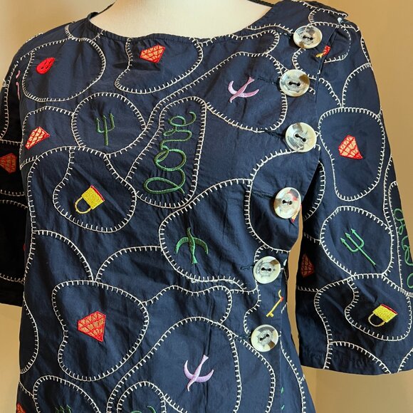 Marc Jacobs Navy Love Embroidered Blouse Size 4 - Picture 4 of 8